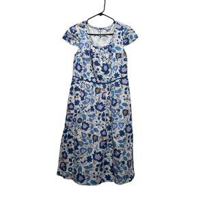 Boden 100% Linen Floral Midi Dress Womens 6L Tall Blue Knee Length Modest Beach